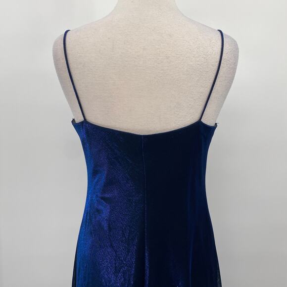 Vintage 90s Metallic Mesh Maxi Gown Cowl Neck Slip Dress Blue Womens 8 Petite - Picture 7 of 10